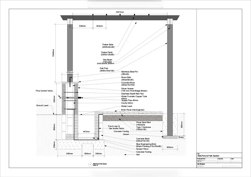 Construction detail drawing with materials and dimensions