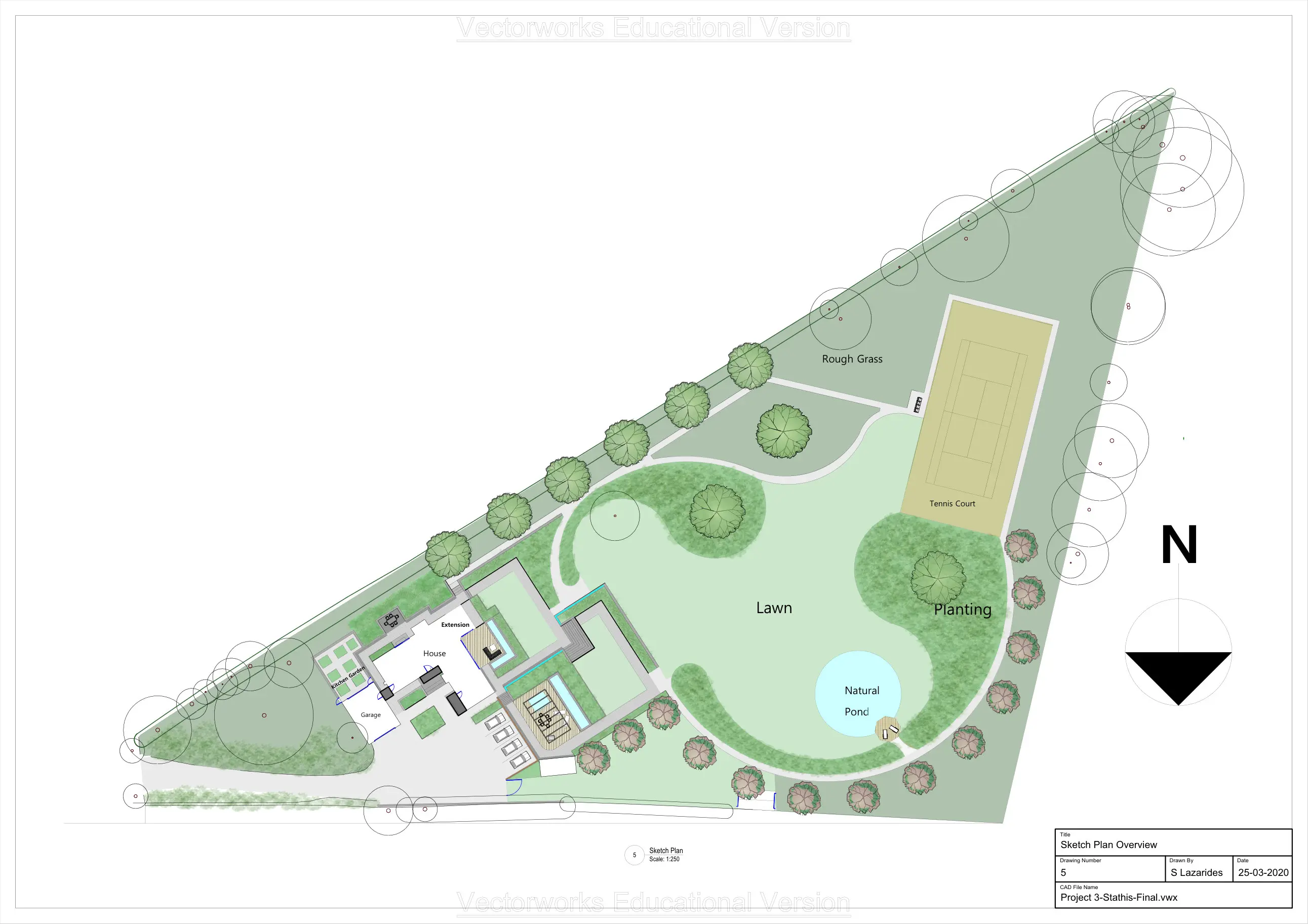 Coloured sketch plan overview of a large garden with lawn, natural pond, planting and tennis court